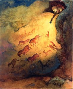 Punch先生作为一名洞穴探险家，在1968年Punch，（未发表的硬纸板上的水粉画）给Lascaux的动物一个惊吓，未发表的委托