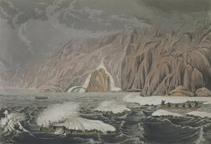 1821年7月25日，约翰富兰克林爵士（1786-1847）雕刻的爱德华芬登（1791-1857）pu 1819年至1822年极地海岸之旅的叙事中，探险号翻倍。