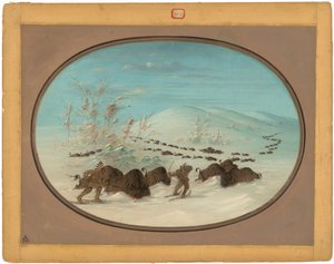 水牛在雪地里追逐 - 奥吉布韦 作者 乔治·卡特琳