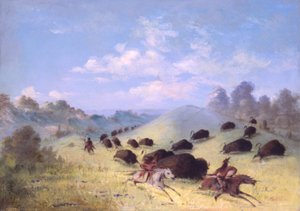 科曼奇印第安人用长矛和弓箭追赶水牛，1846-1848年。 作者 乔治·卡特琳