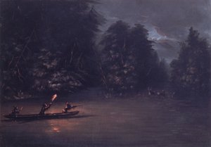 1846-1848年，在树皮独木舟上用火把照明打猎的鹿。 作者 乔治·卡特琳