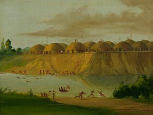 希达萨村，被土覆盖的小屋，在刀河上，距离圣路易斯1810英里，1832年。 作者 乔治·卡特琳