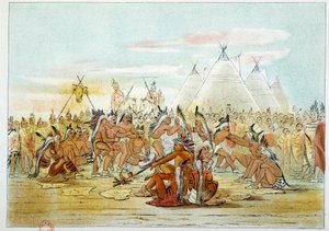 美国的印第安人。Assiniboin部落类似于苏族人的烟斗舞。乔治-卡特林（1794-1872）的插图 作者 乔治·卡特琳
