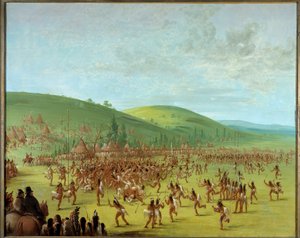 美国印第安人：“印第安人之间的球游戏”乔治·卡特林（George Catlin）（1794-1872 年）的绘画，1835 年 Blerancourt，佛朗哥美国人博物馆 - 美洲原住民球赛。 乔治·卡特林 (George Catlin) 的绘画 (1794-1872) 作者 乔治·卡特琳