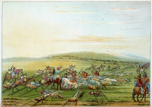 美国的印第安人：有马和狗的印第安人部落。乔治-卡特林（1794-1872）的插图 作者 乔治·卡特琳