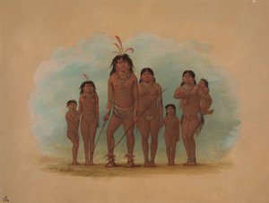 伦瓜族酋长、他的两个妻子和四个孩子，1854-1869年。 作者 乔治·卡特琳