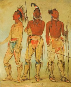 三位年轻的勇士：Mun-ne-pús-kee（不害怕的人）、Ko-ha-túnk-a（大乌鸦）和 Nah-cóm-ee-shee（床上的人）。 作者 乔治·卡特琳