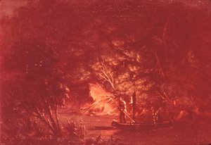 奥吉布韦人在火炬灯下捕猎鲑鱼，1846-1848。 作者 乔治·卡特琳