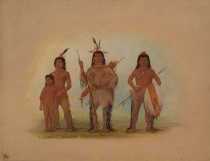 斯波坎酋长、两个勇士和一个男孩，1855-1869。 作者 乔治·卡特琳