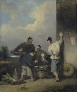 1825年后，苦力环绕食品供应商的摊位（布面油画） 作者 乔治·钦纳里