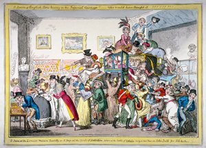 一群英国蜜蜂在帝国马车上筑巢！！伦敦博物馆的一个场景》，1816年 作者 乔治·克鲁克申克