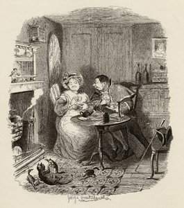 Bumble先生和Corney夫人在1838年查尔斯狄更斯（1812-70）的“奥利弗·特威斯特历险记”中喝茶，1901年由查普曼和霍尔出版 作者 乔治·克鲁克申克