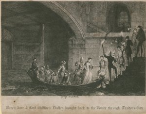Queen Jane和Lord Guilford Dudley通过Traitors Gate回到了塔楼 作者 乔治·克鲁克申克