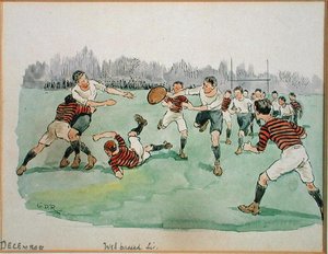 12月。橄榄球（纸上钢笔、墨水和水彩画）