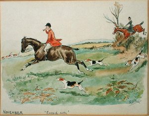11月：狩猎（纸上钢笔、墨水和水彩画）