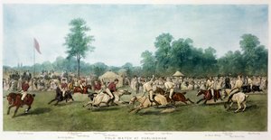 1877年7月7日，在Hurlingham的马匹卫队（蓝色）和Monmouthshire队之间的马球比赛