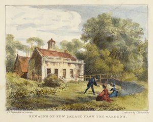 来自花园的Kew Palace的遗迹，来自Kew Gardens的6块板块：由Charles Hullmandel（1789-1850）雕刻的一系列二十四幅石版画，于1820年出版（手工彩色版画）