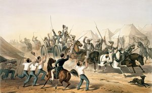 1781.c8 Pl.16 燧发枪兵将缴获的火炮带入营地，选自《印度战役》。