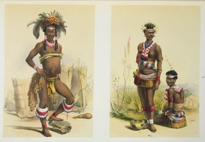 N&39;Pae穿着晚礼服的年轻祖鲁人和两只King Panda的舞女，1849年来自&39;The Kafirs Illustrated&39;的第19页