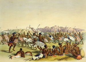 Zulu狩猎舞蹈靠近Engooi山脉，1849年的“The Kafirs Illustrated”中的第14块