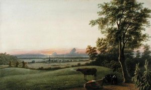 日出--从纽约长岛绿林墓地看弗莱布什和海洋，约1830-40（纸上水彩、水粉和石墨）。 作者 乔治·哈维