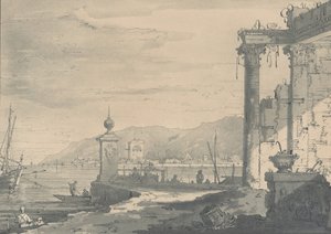 沿海地区的场景，右边是一个古典的废墟，1811年。 作者 乔治·霍金斯