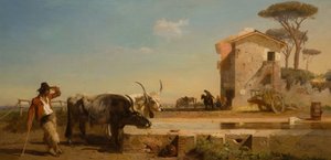牛在坎帕尼亚的一个饮水场所，罗马，1854年。 作者 乔治·赫明·梅森