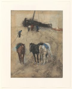 海滩上的马匹，背景是驳船和渔民 作者 Willem de Zwart（拒绝归属）