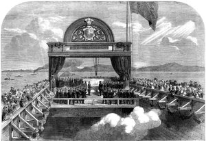 威尔士亲王在圣劳伦斯河上铺设维多利亚大桥的最后一块石头，1860年。 作者 乔治·亨利·安德鲁斯