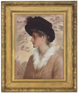 半身长，戴着黑帽子和皮草披肩的女士肖像，1888年 作者 乔治·亨利·布顿