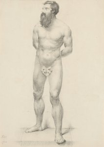 无题 - 站立的男性裸体与无花果叶，1844年（石墨在浅黄色的纸上）