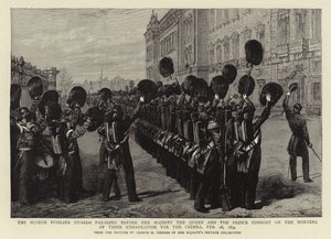 1854年2月28日，在克里米亚登船的早晨，女王陛下和王子陛下游行的苏格兰福斯利尔卫兵游行 作者 乔治·侯斯曼·托马斯