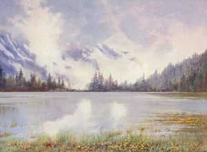 五月底云雾缭绕的香佩斯湖；水边的苍术和报春花（彩色石版画） 作者 乔治·杰克逊·弗莱姆威尔