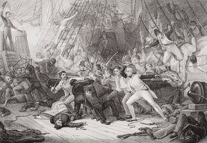 尼尔森于1797年2月14日在圣文森特战役中登上圣约瑟夫，来自“英国和苏格兰历史插图”第二卷 作者 乔治·琼斯