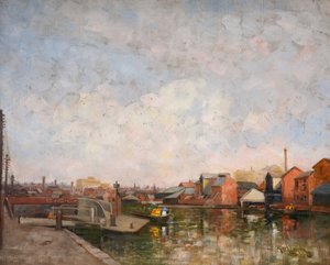伯明翰运河的一个水闸，1920-30。Ladywood的寒武纪码头景观。 作者 乔治·伦纳德·利