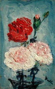 玻璃花瓶里的康乃馨（板画油画）