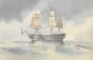 1852年4月27日，"不列颠尼亚 "号在风平浪静时停靠，可能是在迦太基角附近接收一艘悬挂邓达斯少将旗帜的船只。