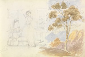 两个年轻女子的素描，一个坐着看书，另一个伸懒腰打哈欠（由 Lord Bury 绘制），旁边画着一棵树