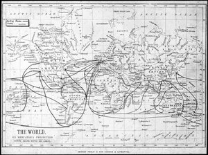 世界地图，显示航行路线和电报电缆，c1893