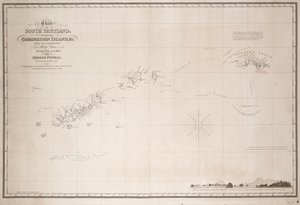 南设得兰岛（包括加冕岛）海图，来自乔治-鲍威尔（George Powell）指挥官于 1821 年和 1822 年驾驶单桅帆船 "鸽子号 "进行的勘探。 作者 乔治·鲍威尔