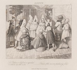 妇女购买鱼，迪耶普，约1821年（蚀刻）
