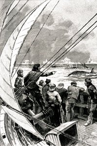 在朝向极地的海上：一艘船（帆船）的船员看到一群鲸鱼。 儒勒·凡尔纳 (1828-1905) 的小说插图“冰狮身人面像”
