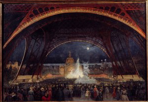 埃菲尔铁塔下的 1889 年世界博览会上的夜间派对 Georges Roux 绘画（19 世纪）1889 年太阳。 0,95x0,65 m 巴黎，卡纳瓦莱博物馆