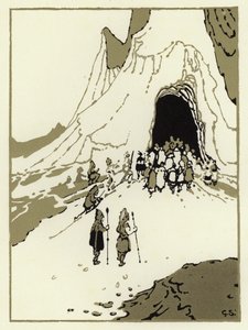The people set out to find the giants, soon they came to their cave (colour litho)