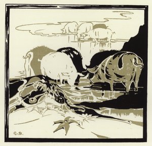猪在沙地上咕噜咕噜地跑来（彩色石版画）