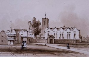 海格特学校和教堂，约1840年（棕褐色墨水水洗画）。 作者 乔治·西德尼·谢泼德