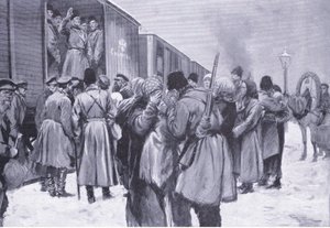 俄罗斯军队远东出发，插图来自卡塞尔斯的日俄战争历史第1卷，c.1900 作者 乔治·索珀