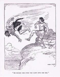 他将他踢下海中的悬崖，出自 George Allen 和 Unwin 1929 年出版的 The Heroes（彩色石版画） 作者 乔治·索珀
