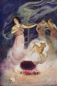 杰森和阿戈纳人："她在他身上轻声念着她的魔法咒语，他又跳出一只小羊"（彩色平版印刷）。