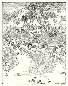 珀尔修斯：“手牵手绕着魔法树跳舞”（石版画）
